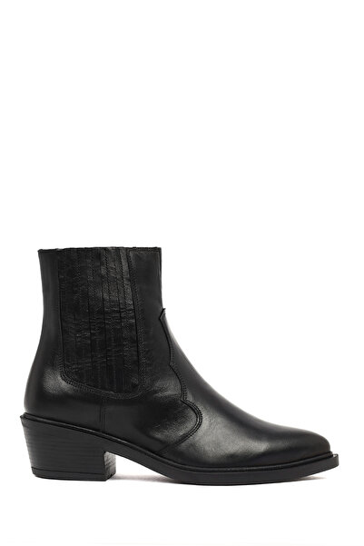 Derimod Women's Black Short Thick Heeled Leather Cowboy Boots Wf190023Dv