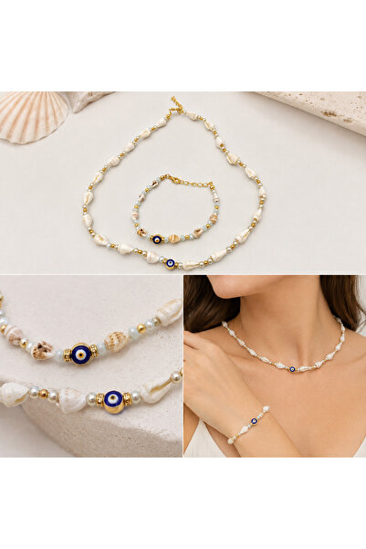 Muan Set Handmade Colier și Brățară cu Scoici Marine Naturale și Mărgele