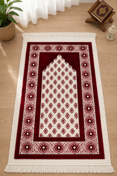 Pamuklife Ultra Luxurious Velvet Woven Prayer Rug with Soft Texture and Fring...