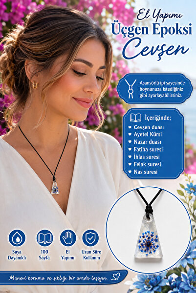 hennadibace Epoxy Triangle Neck Amulet (Handcrafted) Cevşenül Kebir, Nazar Ay...