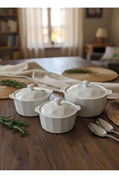 Dove 3-Piece Ceramic Soup Bowl Set With Lid White; Small Bowl 8.7 Inch, Mediu...