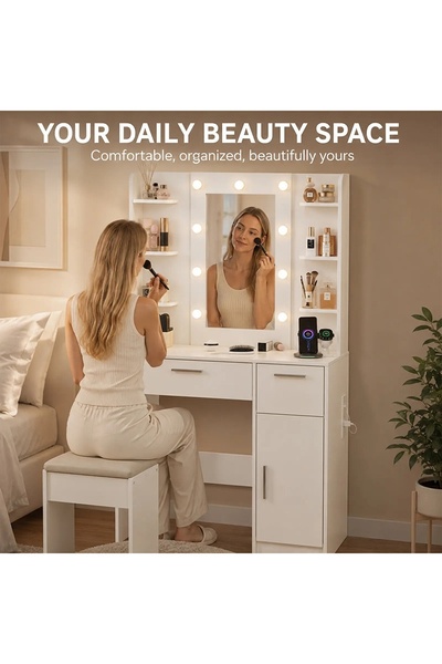 Chuma Bedroom Home LED Lighted White Vanity Table with Mirror and Drawers,, M...