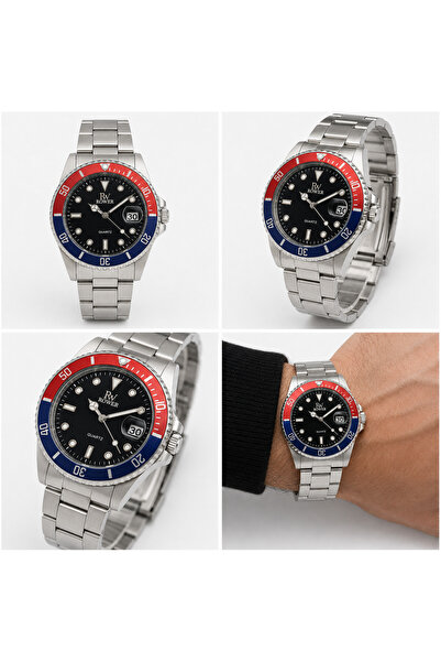 Rower Ceas bărbătesc Quartz, cadran negru, brățară metalică, bezel roșu-albastru