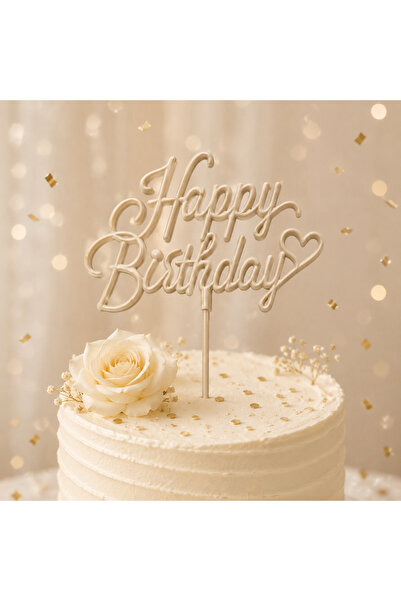 Doğasüs Happy Birthday Yazılı Krem Renk Pasta Üzeri Yazı Pleksi Mika Pasta Sü...