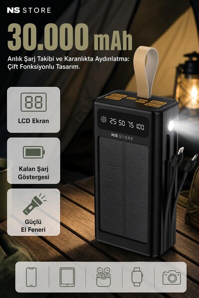 NS Store 30.000 mAh Güneş Enerjili Hızlı Şarj Destekli Powerbank LCD Göstergeli El Fenerli Taşınabilir Batary