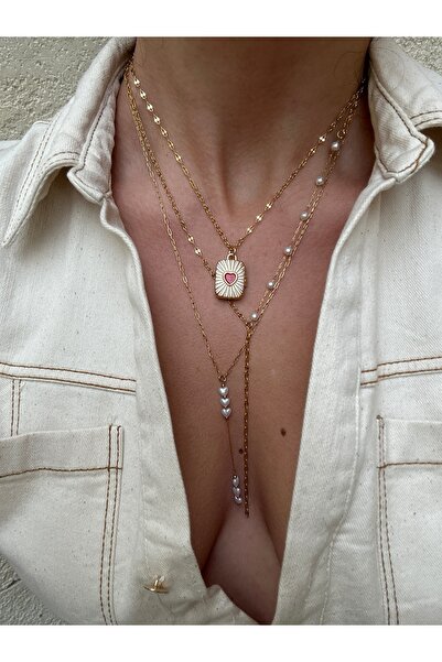pop up store Heart-Shaped Retractable Tip Pearl Triple Steel Necklace Set