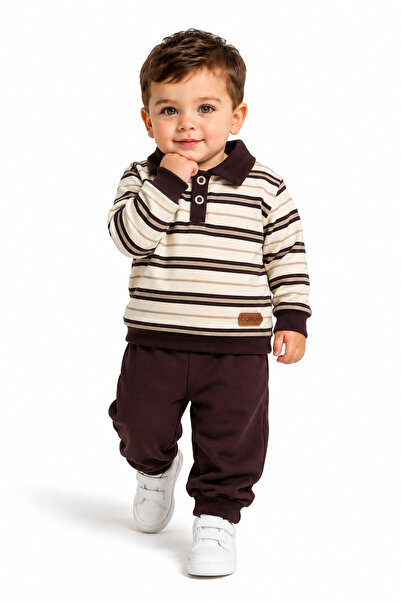 Erkek Çocuk Çizgili Polo Yaka Sweatshirt ve Jogger Pantolon 2'li Takım
