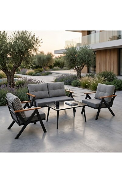 Azra Mobilya Venedik 2+1+1+Sehpa Metal Balkon Takımı Keten Dokulu Kumaş – Siy...