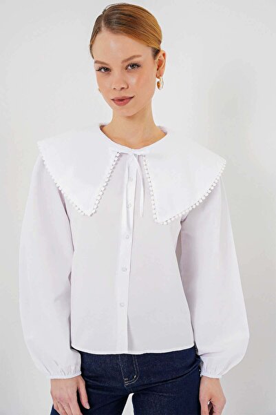 GİYSA Women's Wide Collar Shirt with Tie Detail White - 26Y 20314