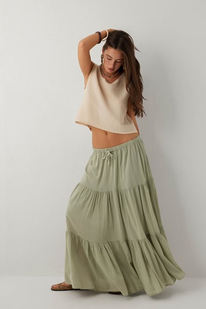 İpekçi Otantik Solea Layered Elastic Waist Cotton Long Skirt Island Tea