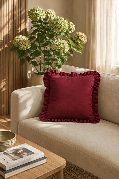 YUNUSOĞLU HOME 1 Adet Bordo Fırfırlı Dekoratif Kırlent Kılıfı %100 Pamuk 45x45 cm