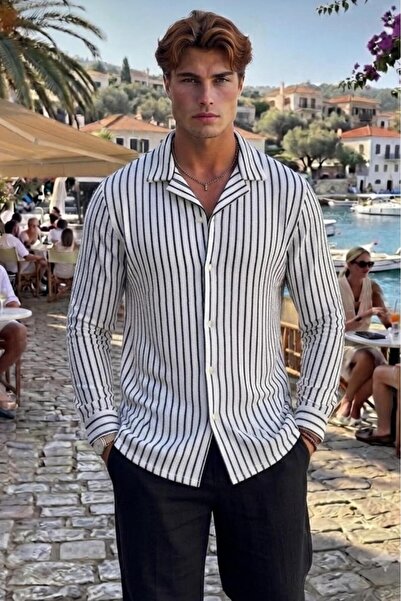 CAST COLLECTİON Men's White-Black Waffle Striped Long Sleeve Shirt