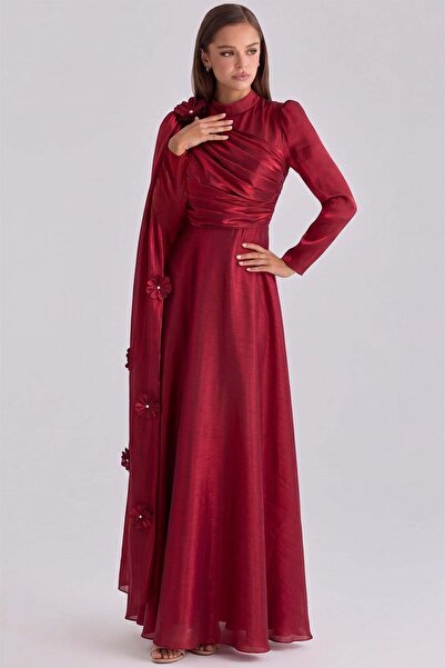 Olcay Organza Hijab Evening Dress with Flower and Cape Detail Bordo 1261