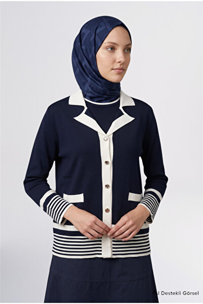 Armine Striped Knitwear Jacket Blouse Set Navy Blue