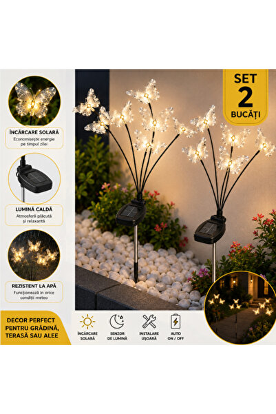 novim Set 2 Lămpi Solare de Grădină cu 6 Fluturi LED – Iluminare Alb Cald, Re...