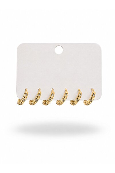 serelya Gold Color Brass Zircon Stone Hoop Model 6-Piece Women's Earring Set