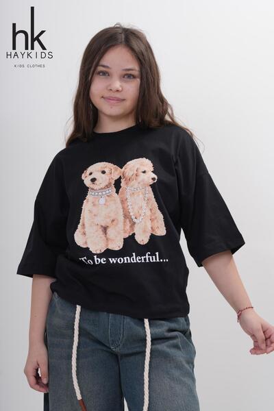 HayKids Girls' Double Dog Print Oversized T-Shirt - Poodle Pearl "To Be Wonderful" T-Shirt
