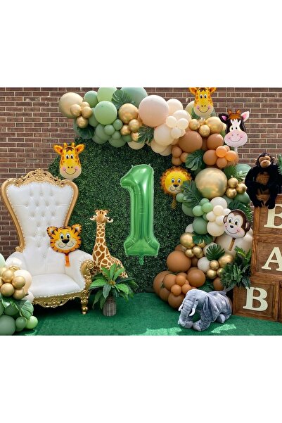 Işıltı Balon Dükkanı Safari Themed Birthday Decoration Set with 1-Year-Old Nu...