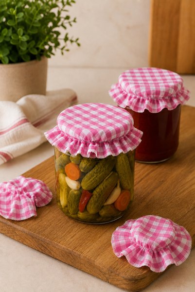 Hophera 6-Piece Gingham Elastic Jar Lid Cover and Ornament 15X15 cm Jam Pickle Canning Jar Cover