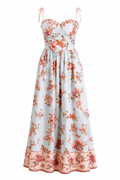 Laluvia Blue Floral Patterned Dress with Attachable Straps - 2Y4218