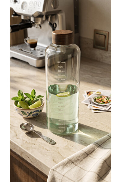 zezedesing Acacia Lid Glass Flask 1000 ml – Glass Water Bottle with Scale, 1 ...
