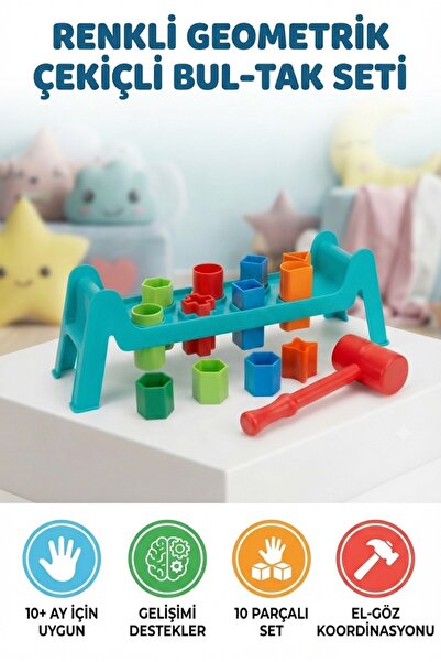 Tıfıl Toys 10-Piece Hammering Toy with 8 Different Geometric Shapes for Kids ...