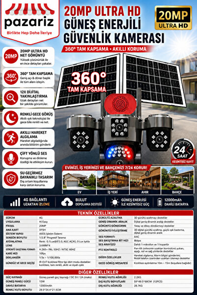 pazariz 20MP 4 Kameralı 4G Solar Güvenlik Kamerası – 360° Görüş, 12X Zoom, Gece Görüşü, Çift Solar Panel, Siren, Sesli Konuşma, SIM Kartlı, AOV Akıllı Kamera