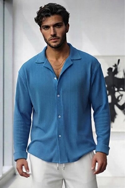CAST COLLECTİON Men's Petrol Blue Ottoman Twill Long Sleeve Shirt