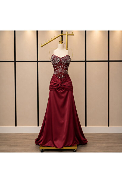 GORI FASHION فستان سهرة بالون العنابي مع كورسيه كريستال