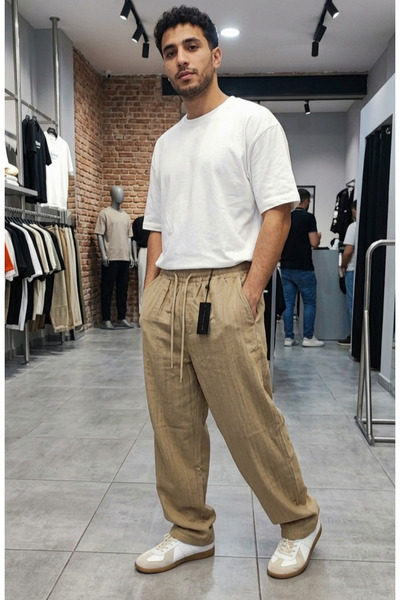 Haki Hardal Erkek Ham Keten Baggy Pantolon Beli Lastikli