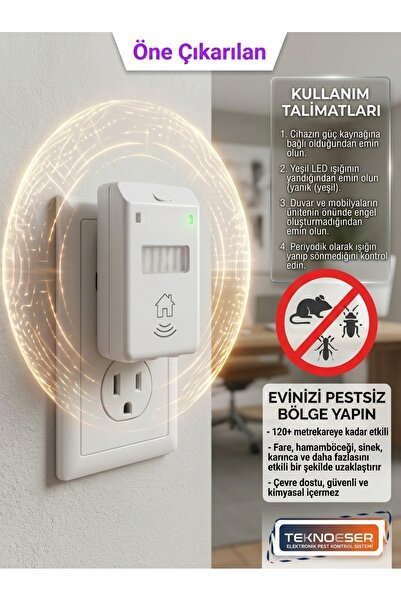TeknoEser Elektronik Fare ve Haşere Kovucu - Tak Çalıştır Ultrasonik Böcek Uz...