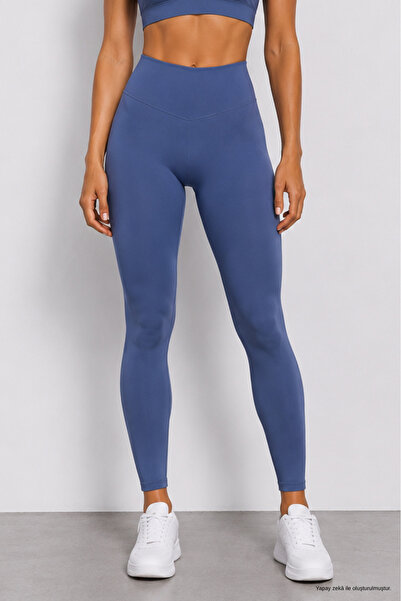 WILD BEE Women's Petrol Blue High Waist Gathering Stretchy Leggings