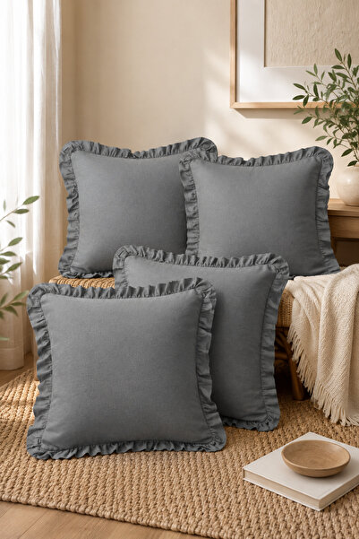 YUNUSOĞLU HOME Set of 4 Anthracite Ruffled Decorative Throw Pillow Covers 100...