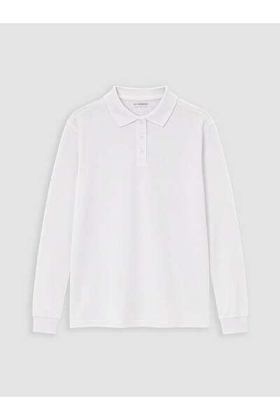 LC Waikiki White Polo Collar Long Sleeve Girls' T-Shirt