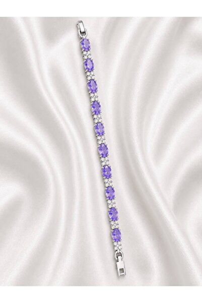 Valmont Purple Oval Crystal Stone Flower Patterned Full Tour 19 cm Steel Wome...