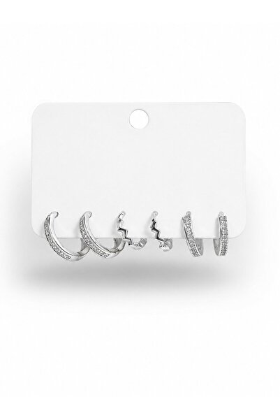 serelya Brass Silver Color Zircon Stone Hoop Model 6-Piece Women's Earring Set