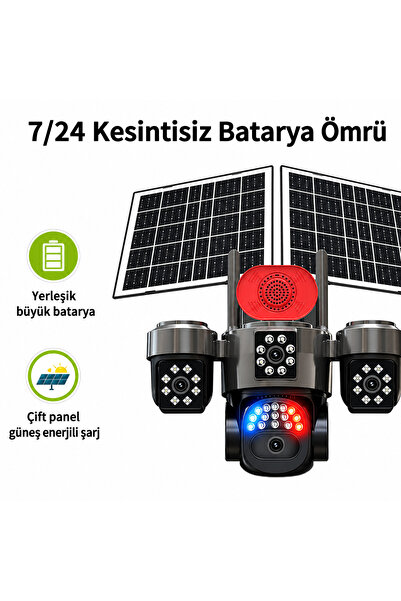pazariz 20MP 4 Kameralı 4G Solar Güvenlik Kamerası – 360° Görüş, 12X Zoom, Gece Görüşü, Çift Solar Panel, Siren, Sesli Konuşma, SIM Kartlı, AOV Akıllı Kamera