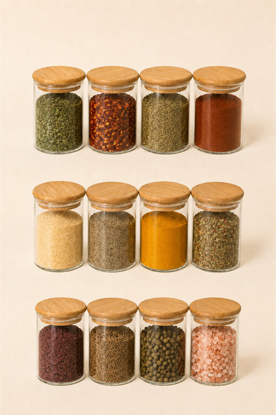 Denia Home Set of 12 Glass Spice Jars with Bamboo Lids 190ml