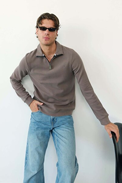 JB John Borners Erkek Dik Yaka Yarım Fermuarlı Nakışlı Sweatshirt Taş - 26K 6137