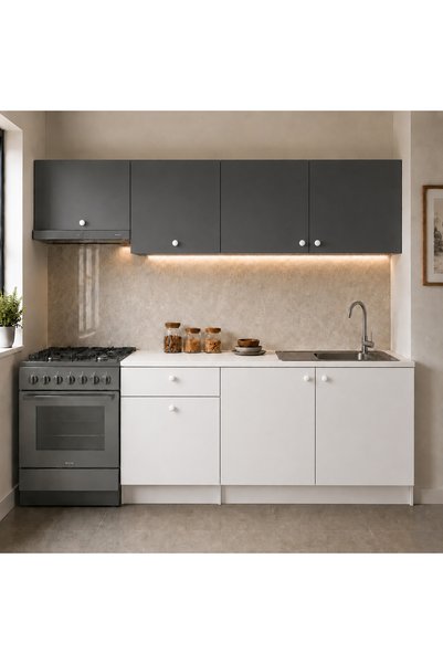 Tdesigno Giza Hazır Mutfak Dolabı 240 Cm - Beyaz Laminat Tezgah Dahil - Mat