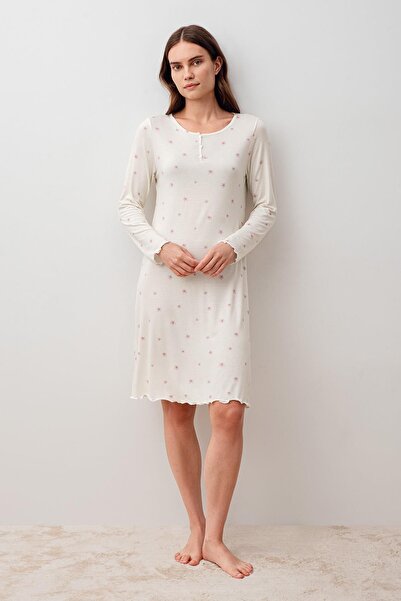 Artış Long Sleeve Buttoned Patterned Lycra Viscose Short Nightgown