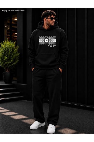 caddekombin Men's God Is Good Written Sweatpants Set / Round Neck Cotton Swea...
