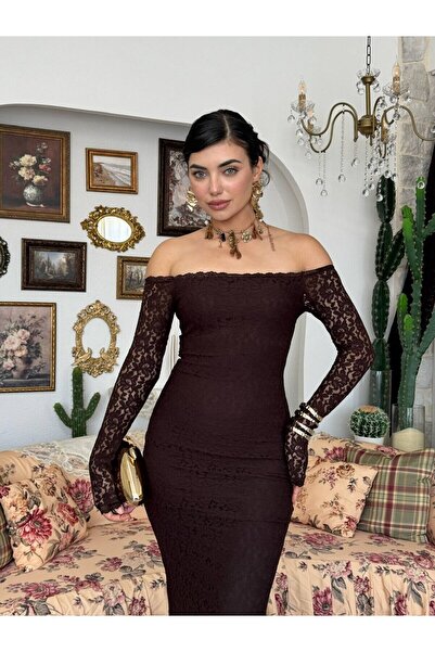 Clothes Fast Women's Coffee Color Long Lace Dress Boat Neck Long Sleeve Bodyc...
