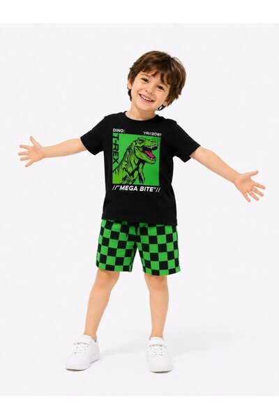 Parskidswear T-rex Dinozor Baskılı T-Shirt ve Damalı Şort Alt Erkek Çocuk Üst...