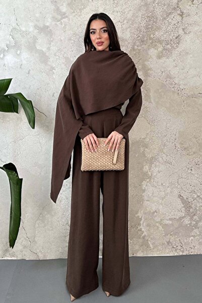 Clothes Fast Women's Brown Top and Bottom Set with Cape Detail, Long Sleeve B...