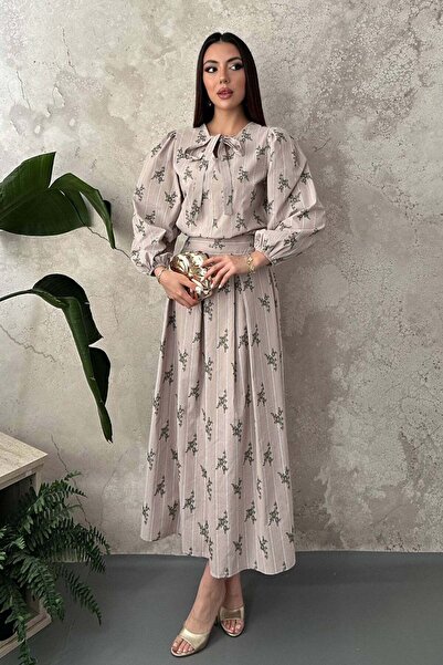 Moda Days طقم نسائي من قطعتين من فرو المنك، بلوزة وتنورة، مخطط بنقشة زهور، يا...