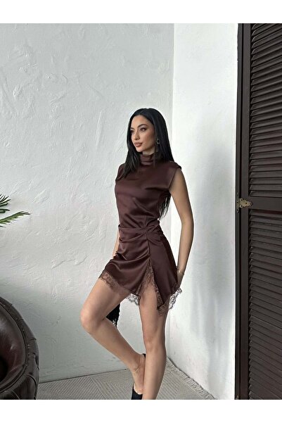 Moda Days Γυναικείο ΚΑΦΕ - ΚΑΦΕ Σατέν Μίνι Φόρεμα με Δαντέλα, Ασύμμετρη Φούστ...