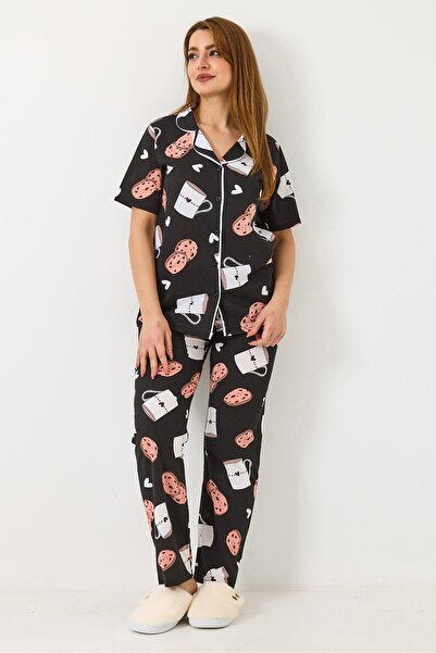 Raneel Kazançlı Alışveriş Women's Short Sleeve Buttoned Pajama Set Black