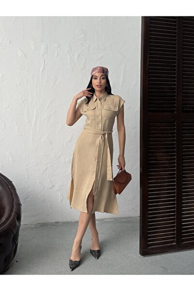 Moda Days Rochie cămașă midi fără mâneci MINK - VİZON pentru femei, cu curea,...
