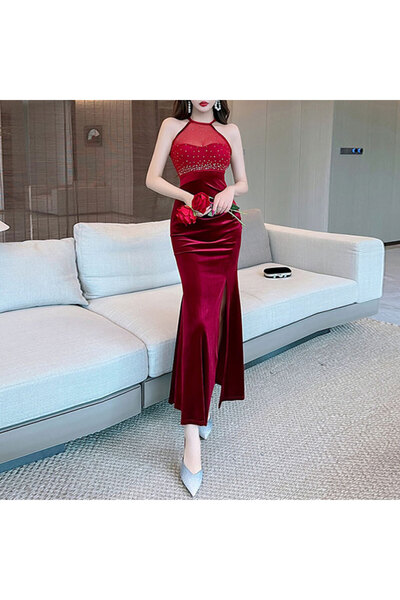 dorbe Women's Red Halter neck Maxi Dress